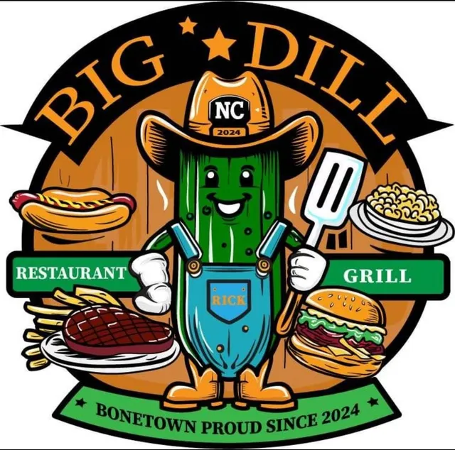The Big Dill Grill pickle mascot logo